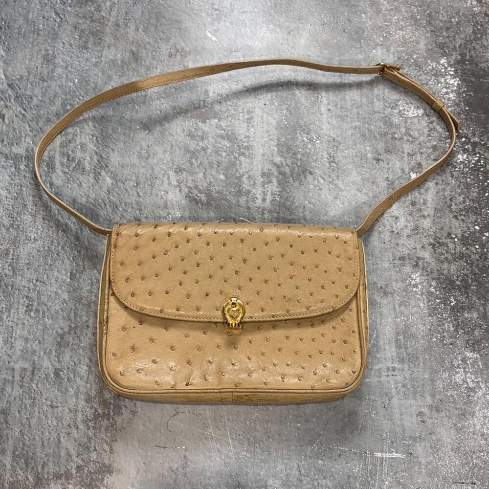 Vintage Tan Ostrich Leather Crossbody Bag! Fabienne Paris. Gold hardware